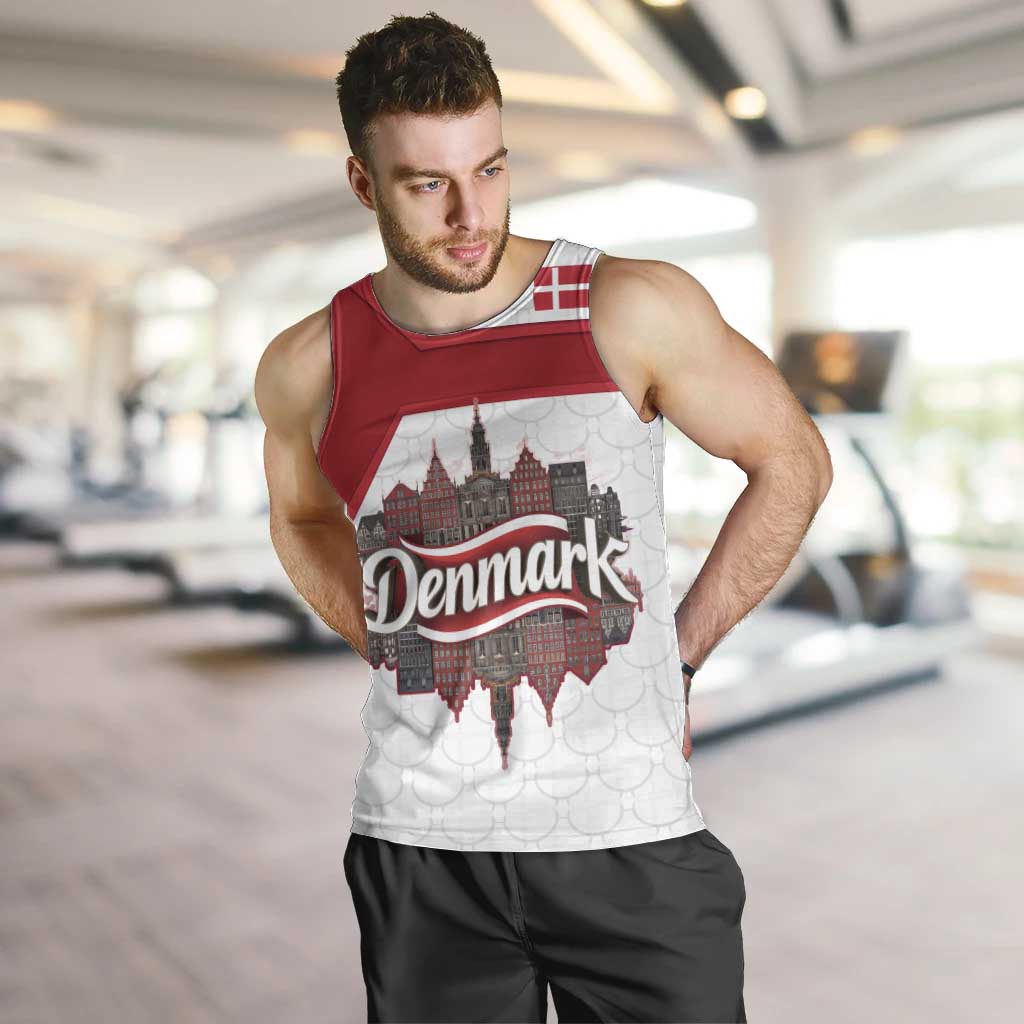 Denmark Men Tank Top with Cityscape Print and Royal Coat of Arms Design