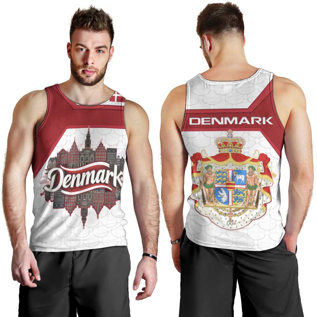 Denmark Men Tank Top with Cityscape Print and Royal Coat of Arms Design