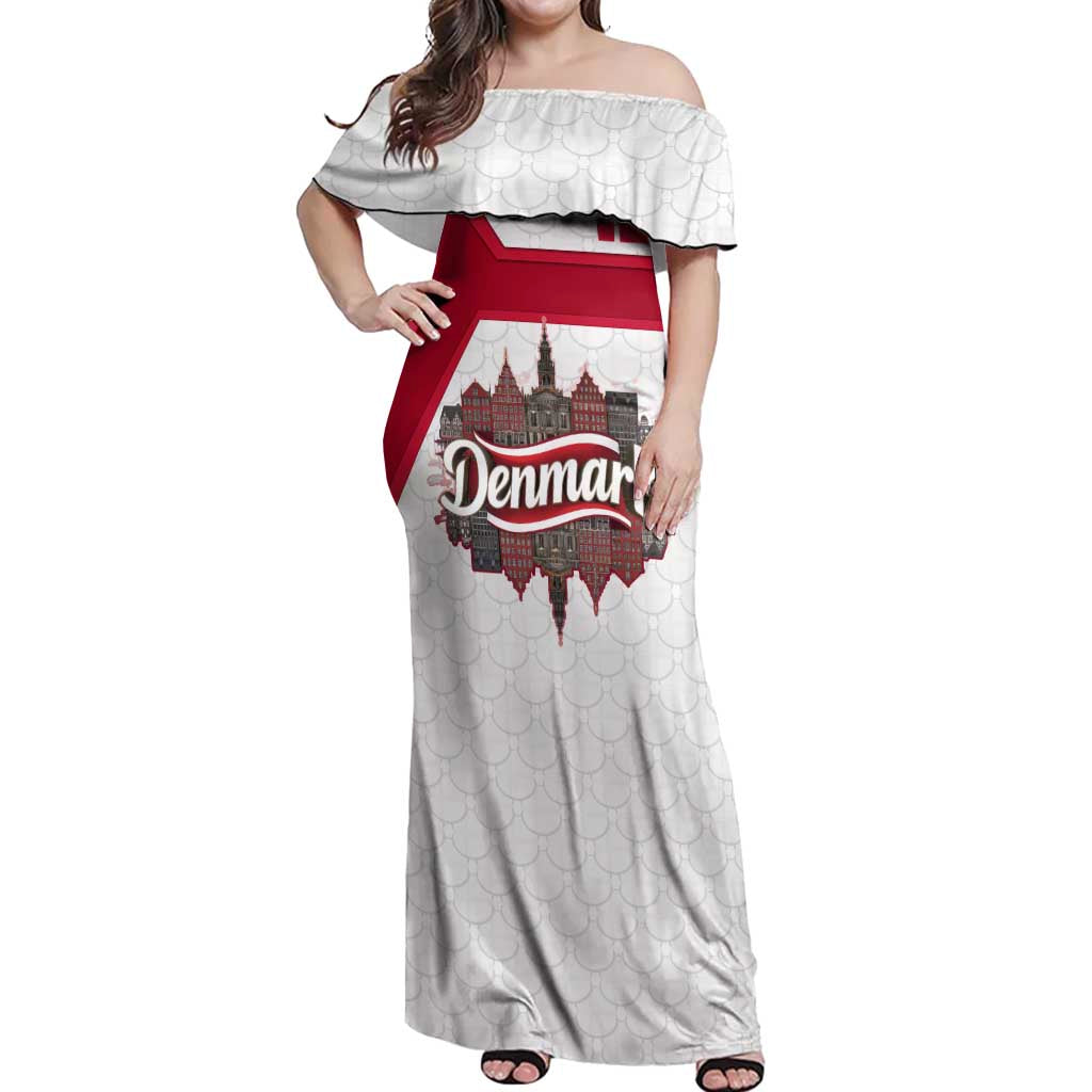 Denmark Off Shoulder Maxi Dress with Cityscape Print and Royal Coat of Arms Design