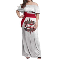 Denmark Off Shoulder Maxi Dress with Cityscape Print and Royal Coat of Arms Design