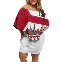 Denmark Off Shoulder Short Dress with Cityscape Print and Royal Coat of Arms Design