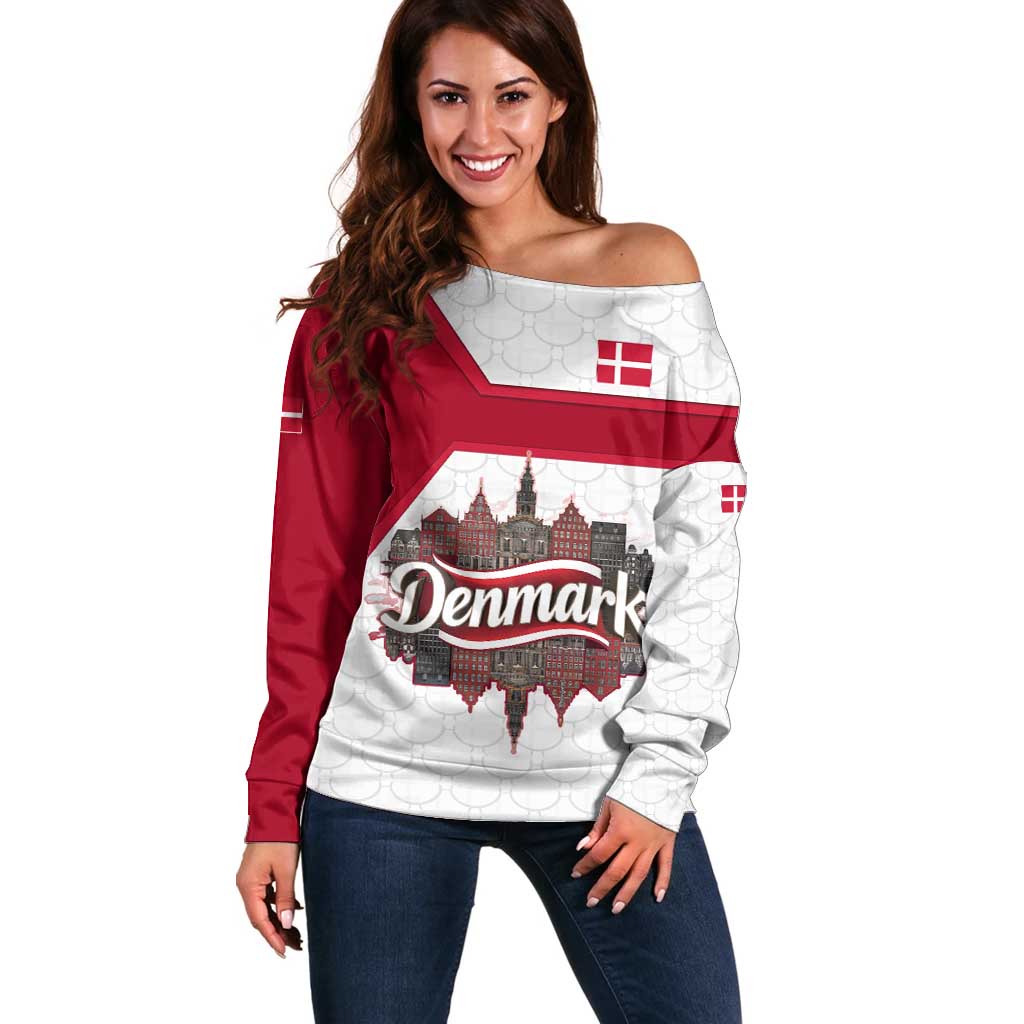 Denmark Off Shoulder Sweater with Cityscape Print and Royal Coat of Arms Design