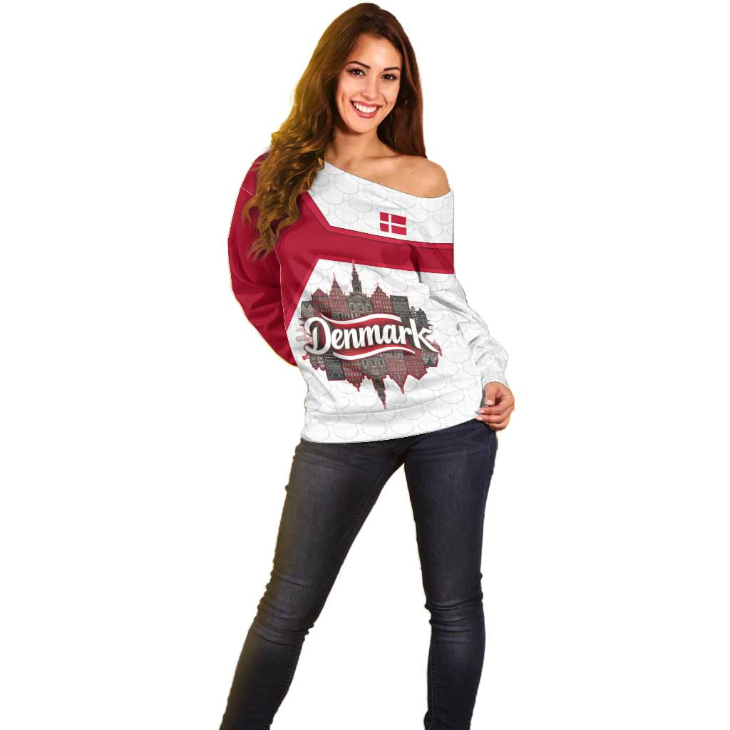 Denmark Off Shoulder Sweater with Cityscape Print and Royal Coat of Arms Design