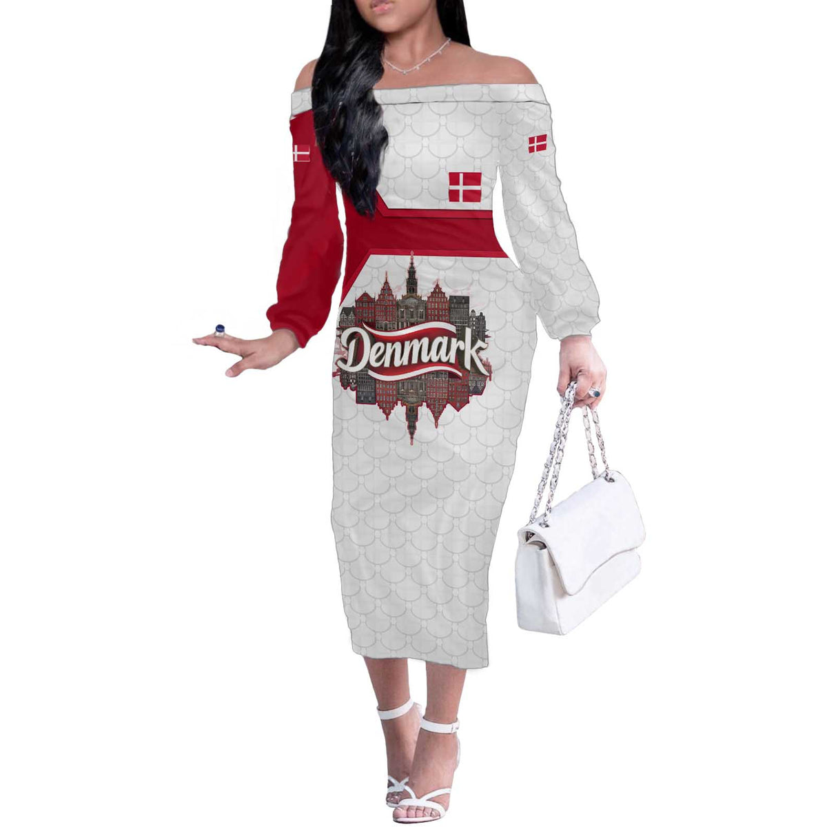 Denmark Off The Shoulder Long Sleeve Dress with Cityscape Print and Royal Coat of Arms Design