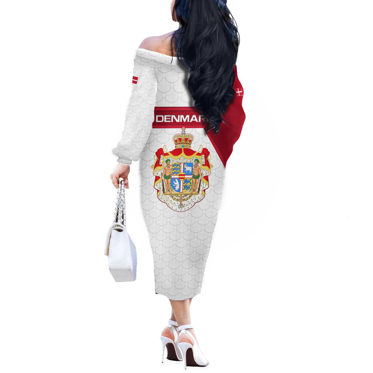 Denmark Off The Shoulder Long Sleeve Dress with Cityscape Print and Royal Coat of Arms Design