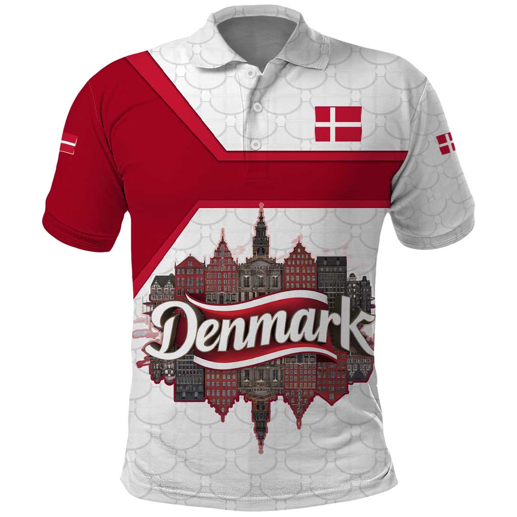 Denmark Polo Shirt with Cityscape Print and Royal Coat of Arms Design