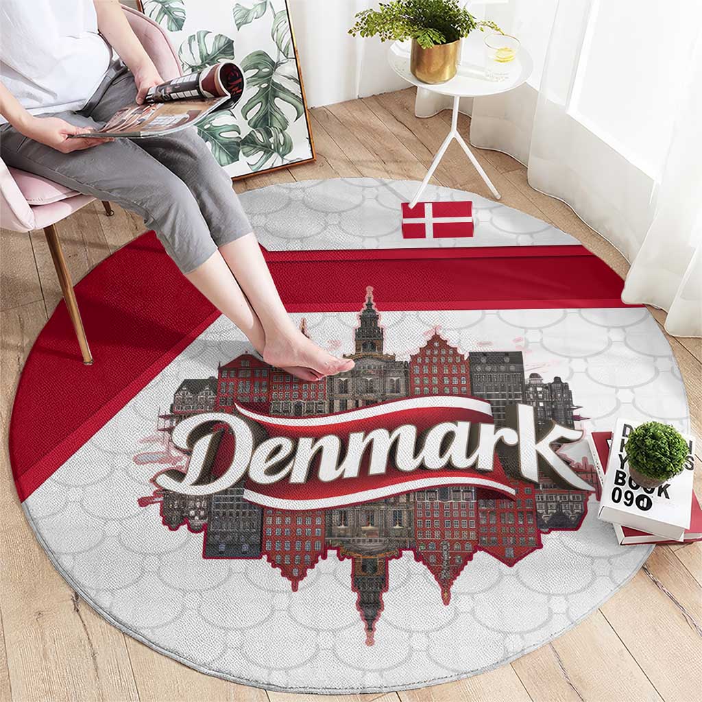 Denmark Round Carpet with Cityscape Print and Royal Coat of Arms Design