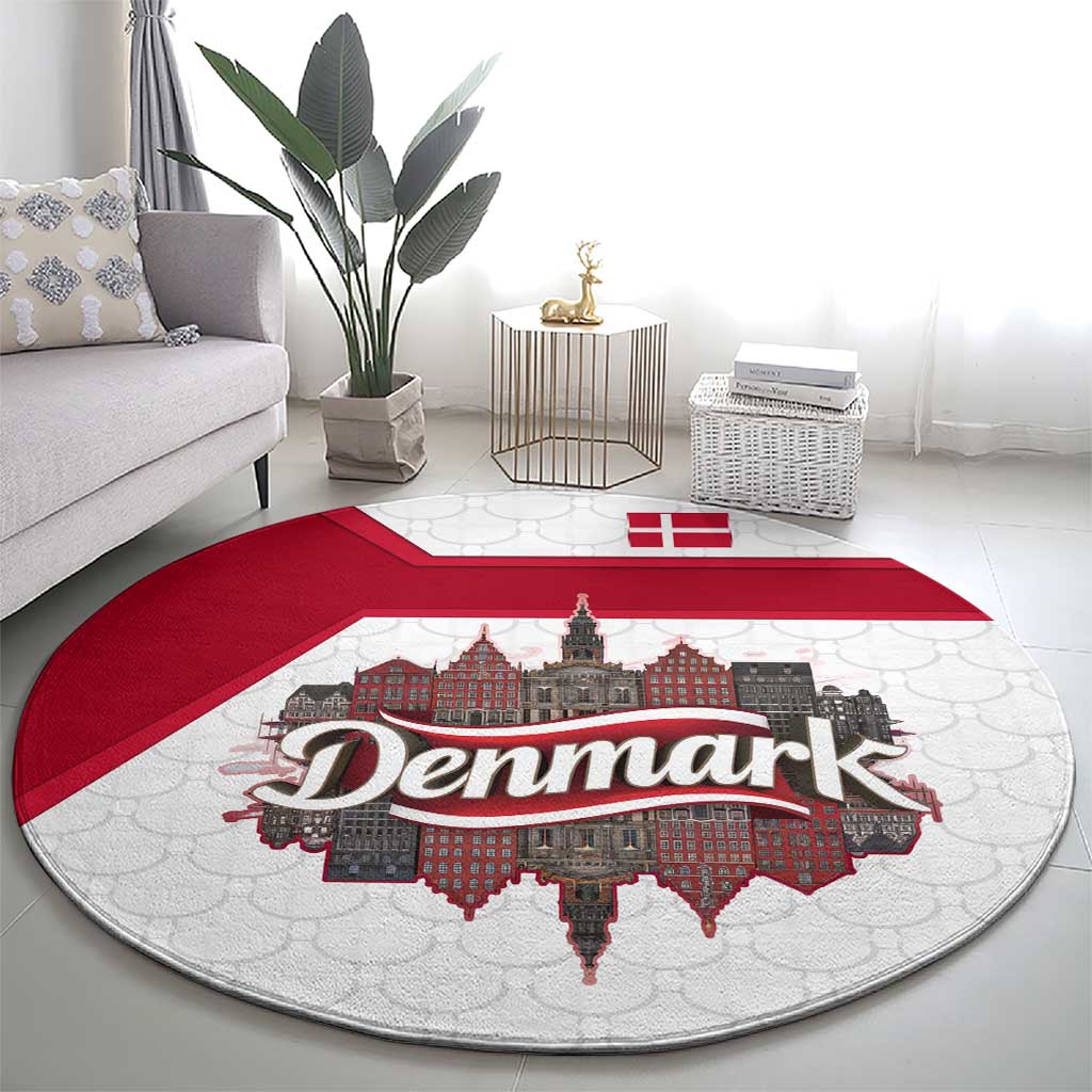 Denmark Round Carpet with Cityscape Print and Royal Coat of Arms Design