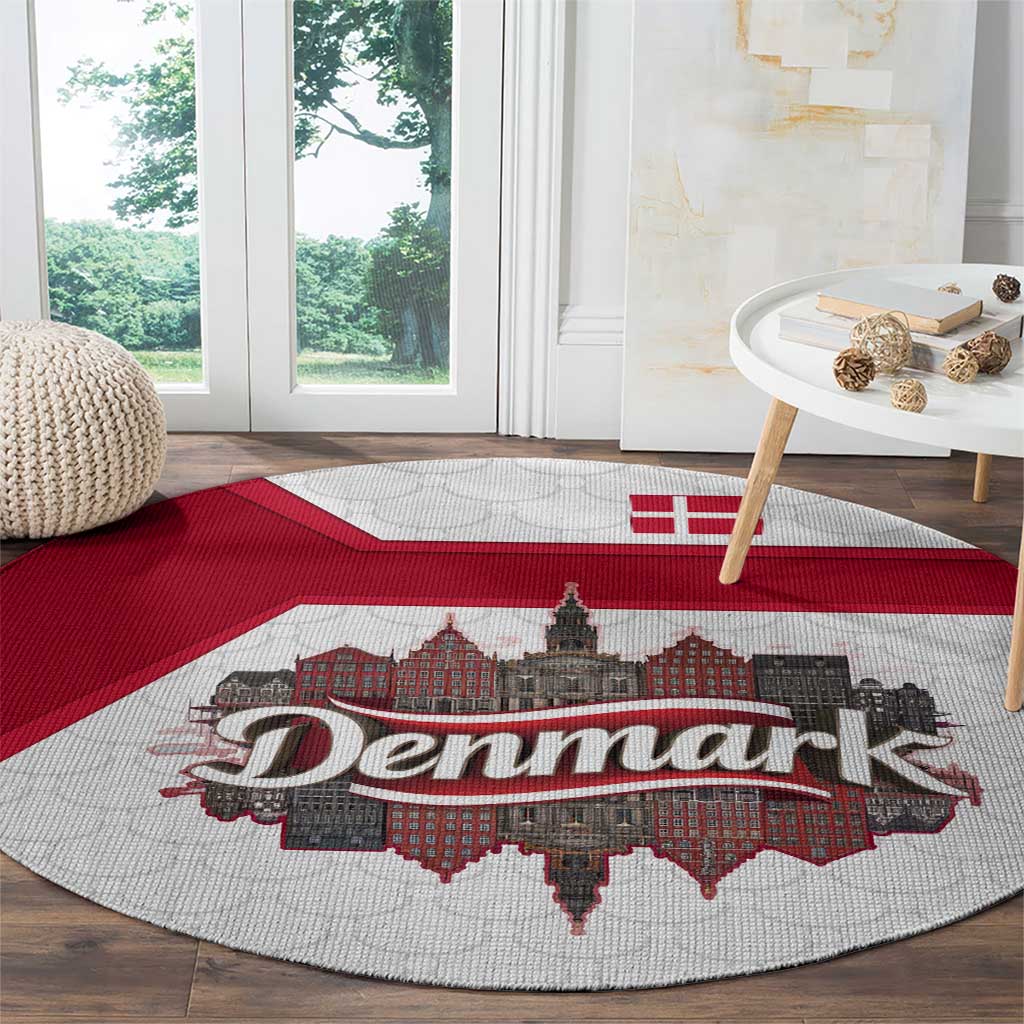 Denmark Round Carpet with Cityscape Print and Royal Coat of Arms Design