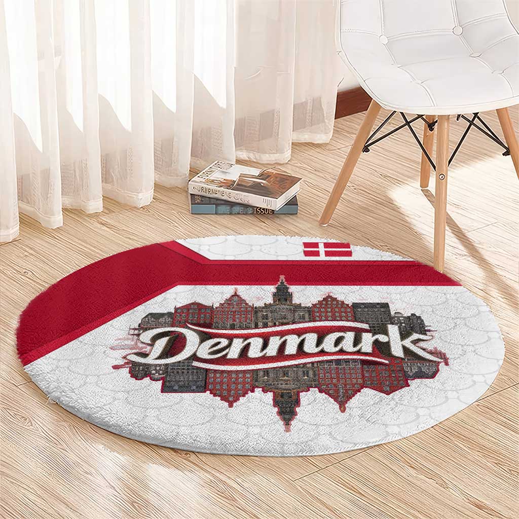 Denmark Round Carpet with Cityscape Print and Royal Coat of Arms Design