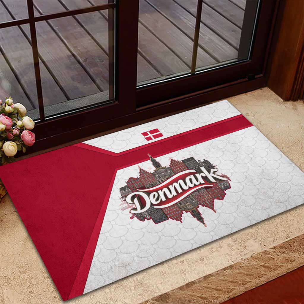 Denmark Rubber Doormat with Cityscape Print and Royal Coat of Arms Design