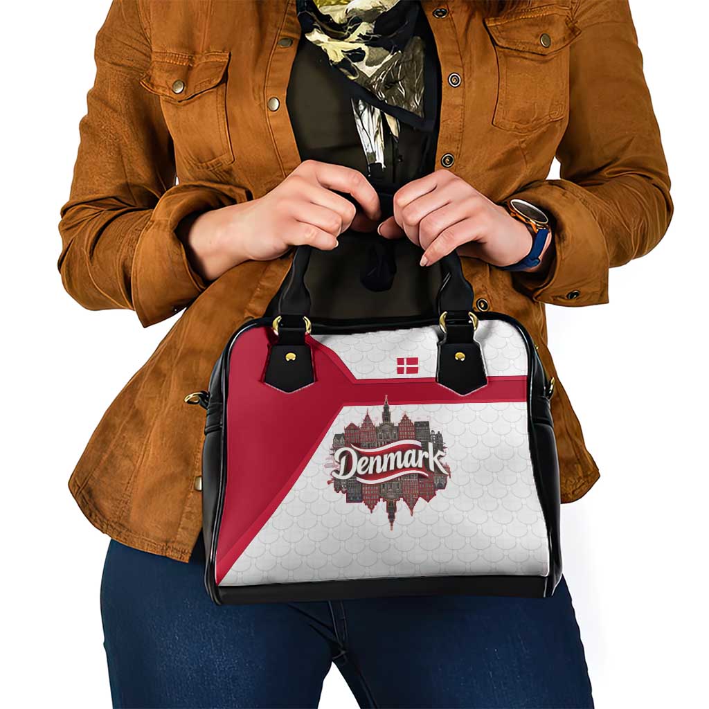Denmark Shoulder Handbag with Cityscape Print and Royal Coat of Arms Design