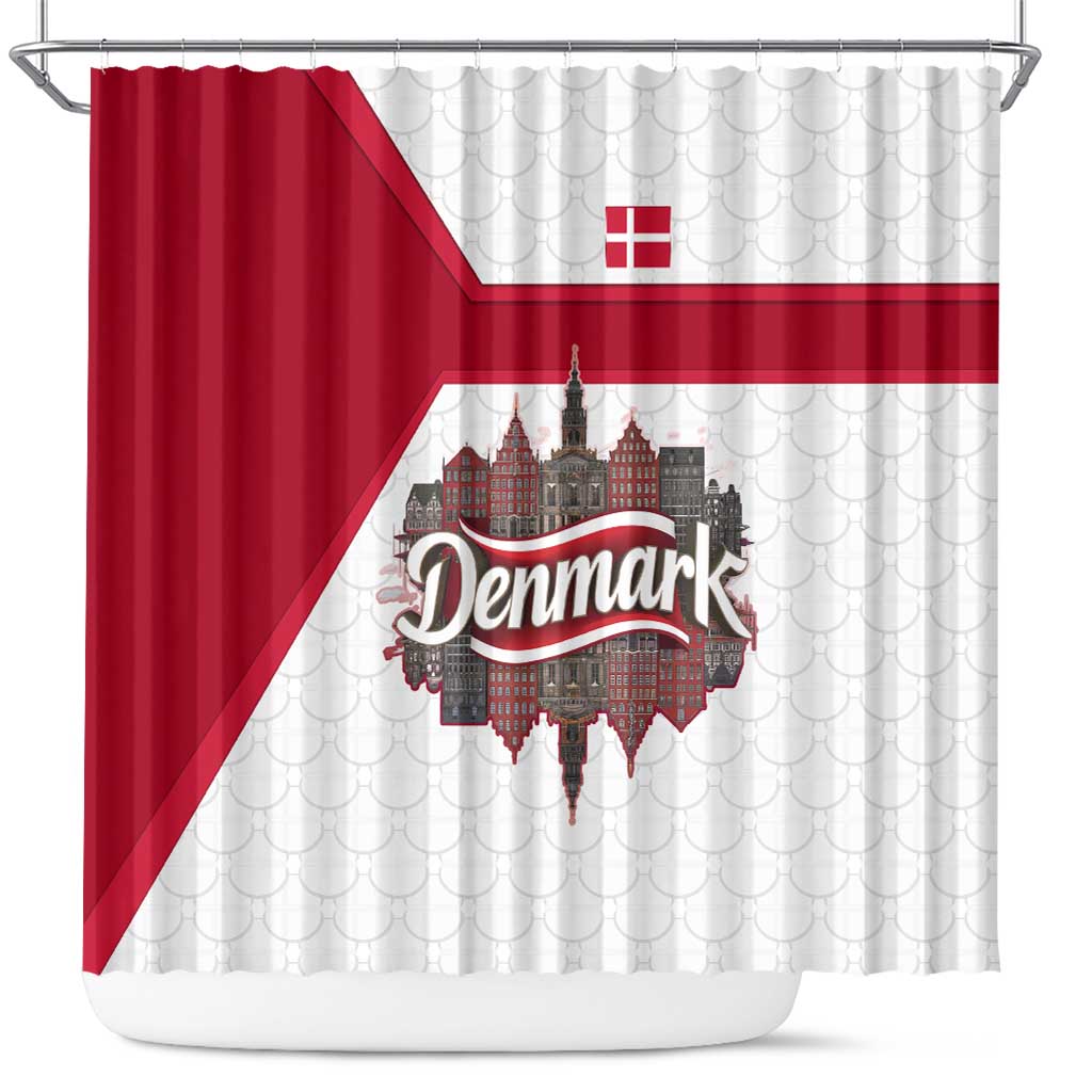 Denmark Shower Curtain with Cityscape Print and Royal Coat of Arms Design