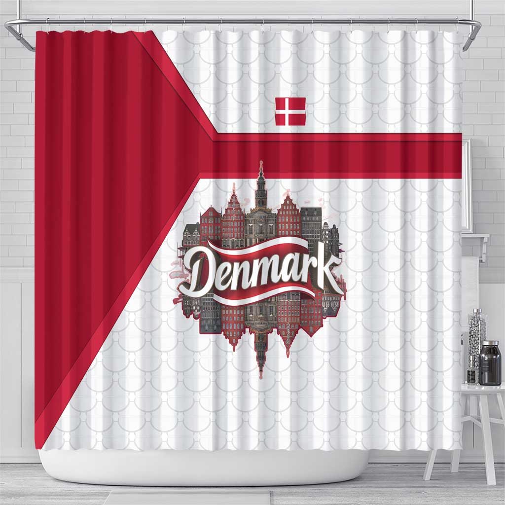 Denmark Shower Curtain with Cityscape Print and Royal Coat of Arms Design