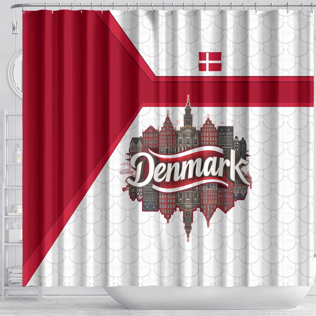 Denmark Shower Curtain with Cityscape Print and Royal Coat of Arms Design