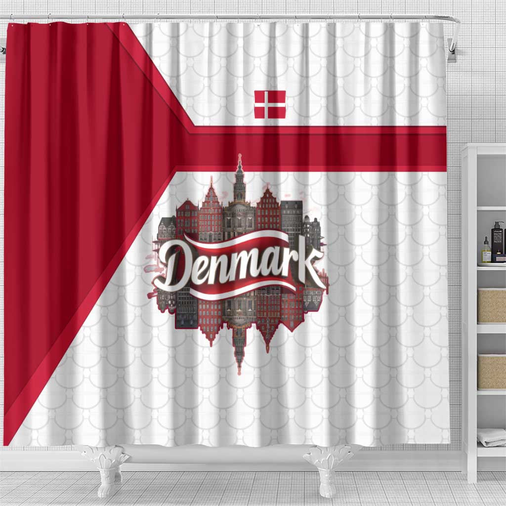 Denmark Shower Curtain with Cityscape Print and Royal Coat of Arms Design