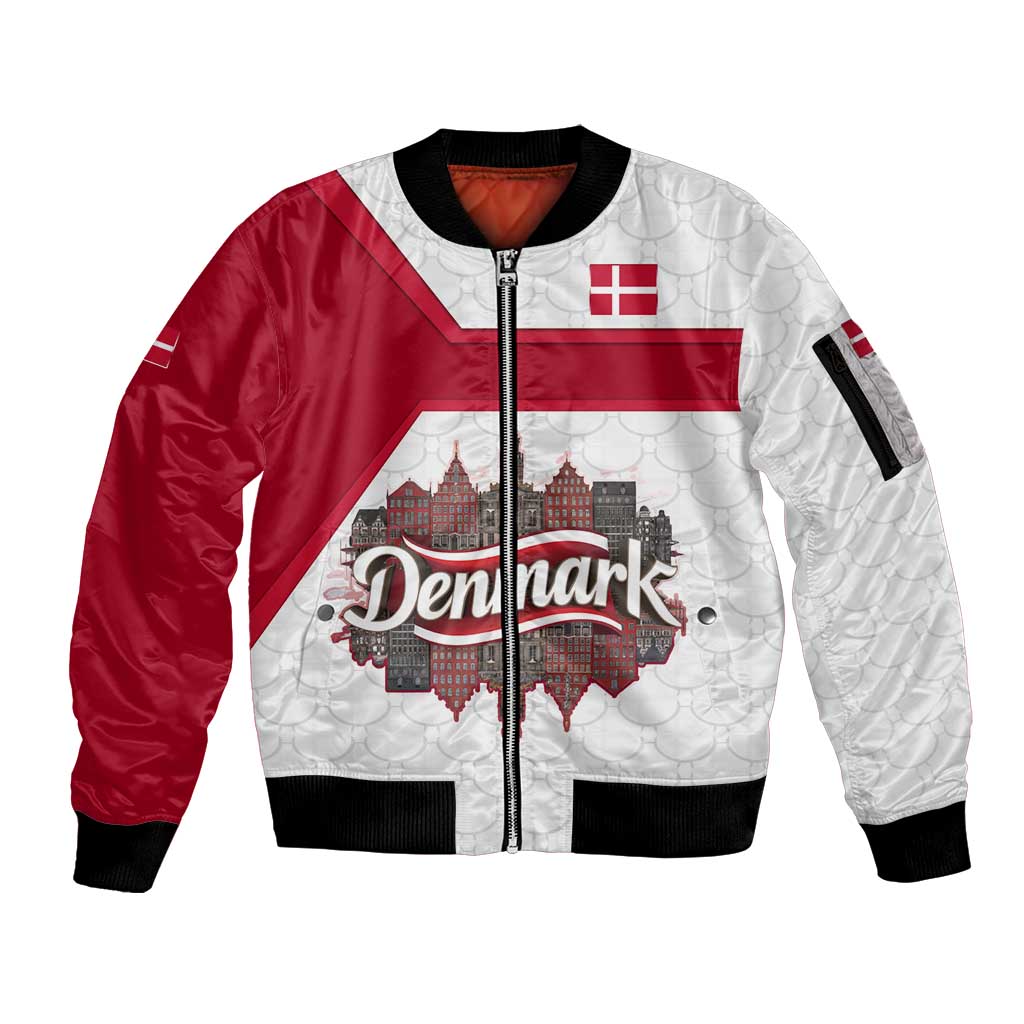 Denmark Sleeve Zip Bomber Jacket with Cityscape Print and Royal Coat of Arms Design