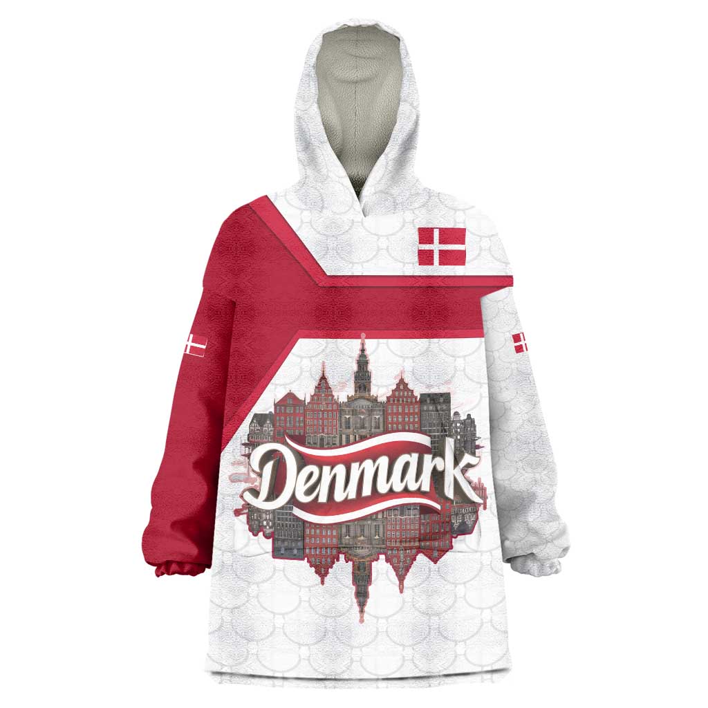Denmark Wearable Blanket Hoodie with Cityscape Print and Royal Coat of Arms Design