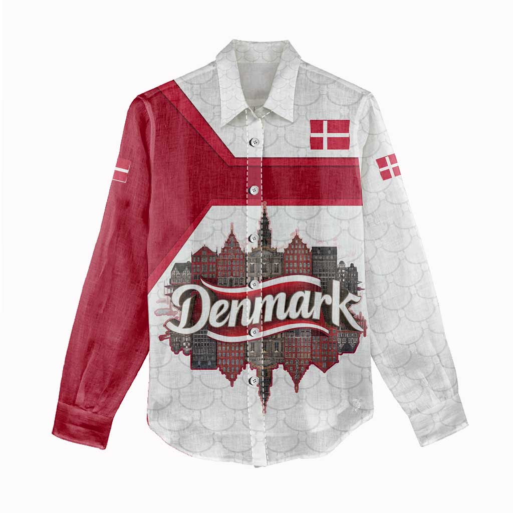 Denmark Women Casual Shirt with Cityscape Print and Royal Coat of Arms Design