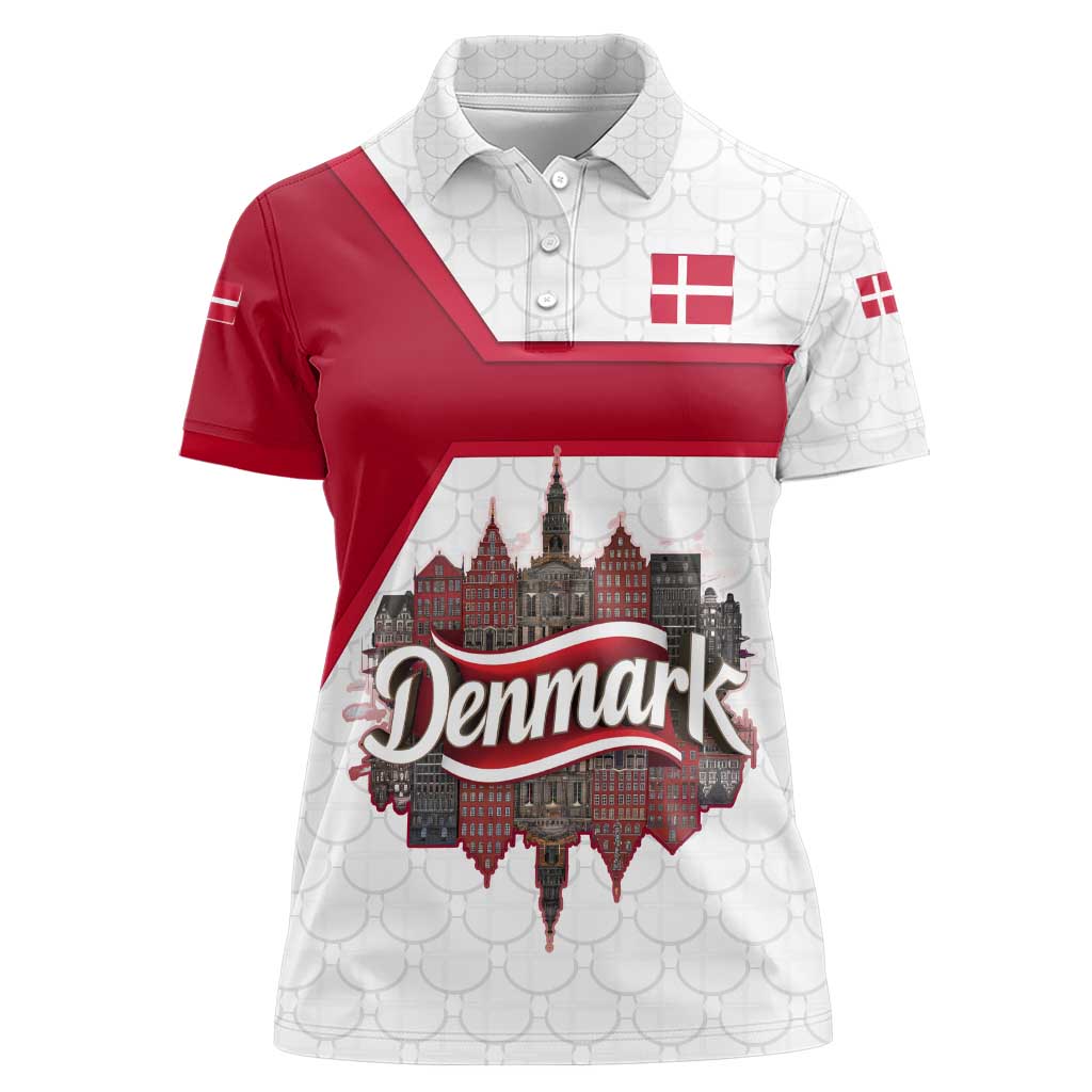 Denmark Women Polo Shirt with Cityscape Print and Royal Coat of Arms Design