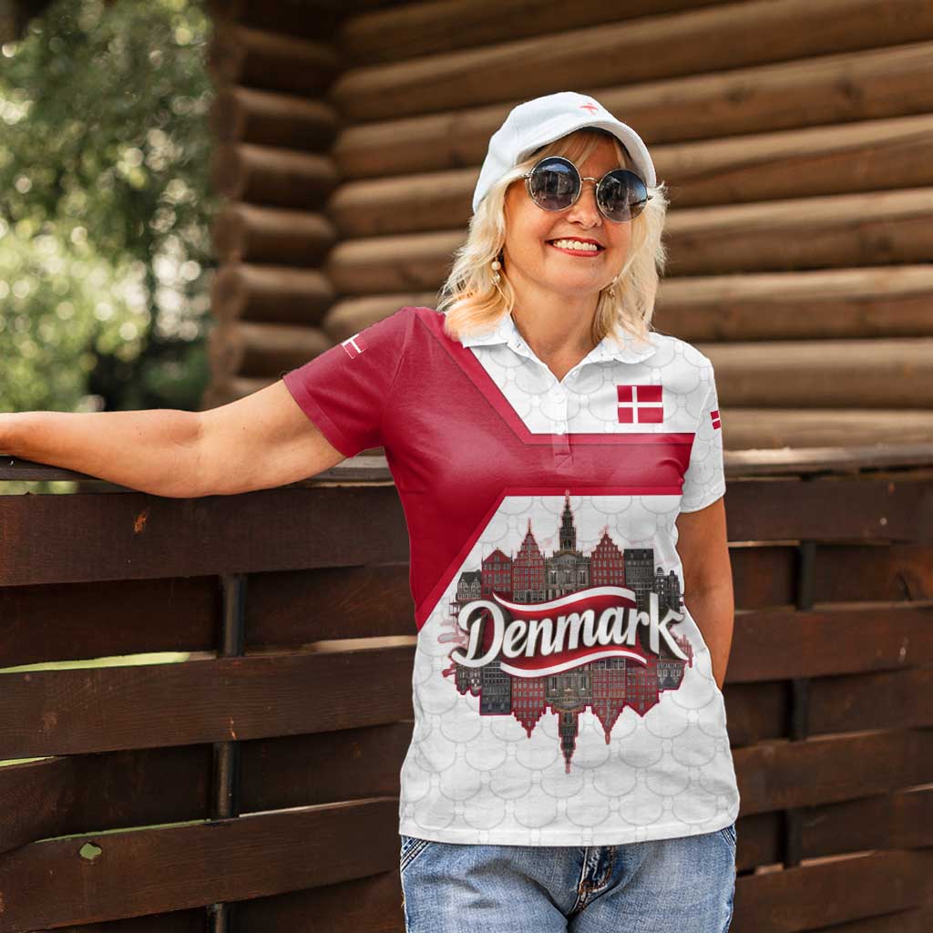 Denmark Women Polo Shirt with Cityscape Print and Royal Coat of Arms Design