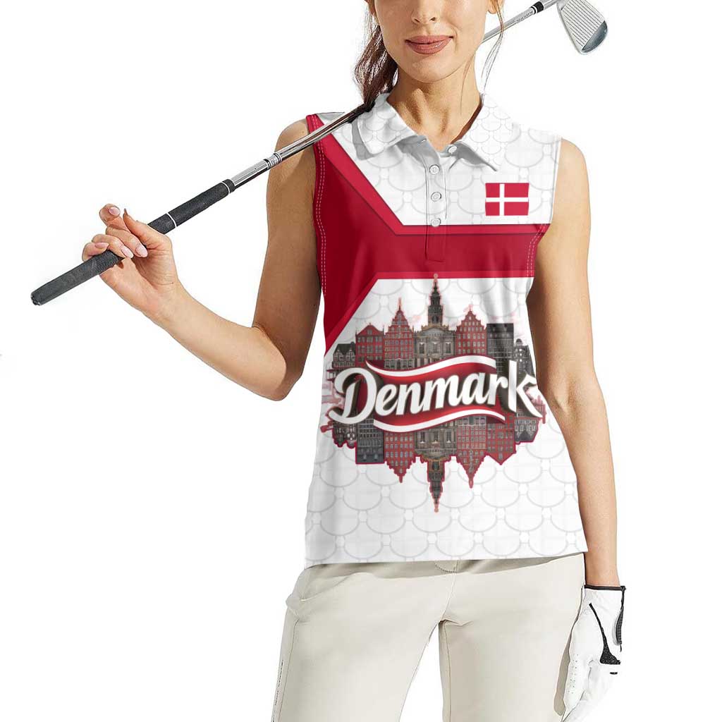 Denmark Women Sleeveless Polo Shirt with Cityscape Print and Royal Coat of Arms Design