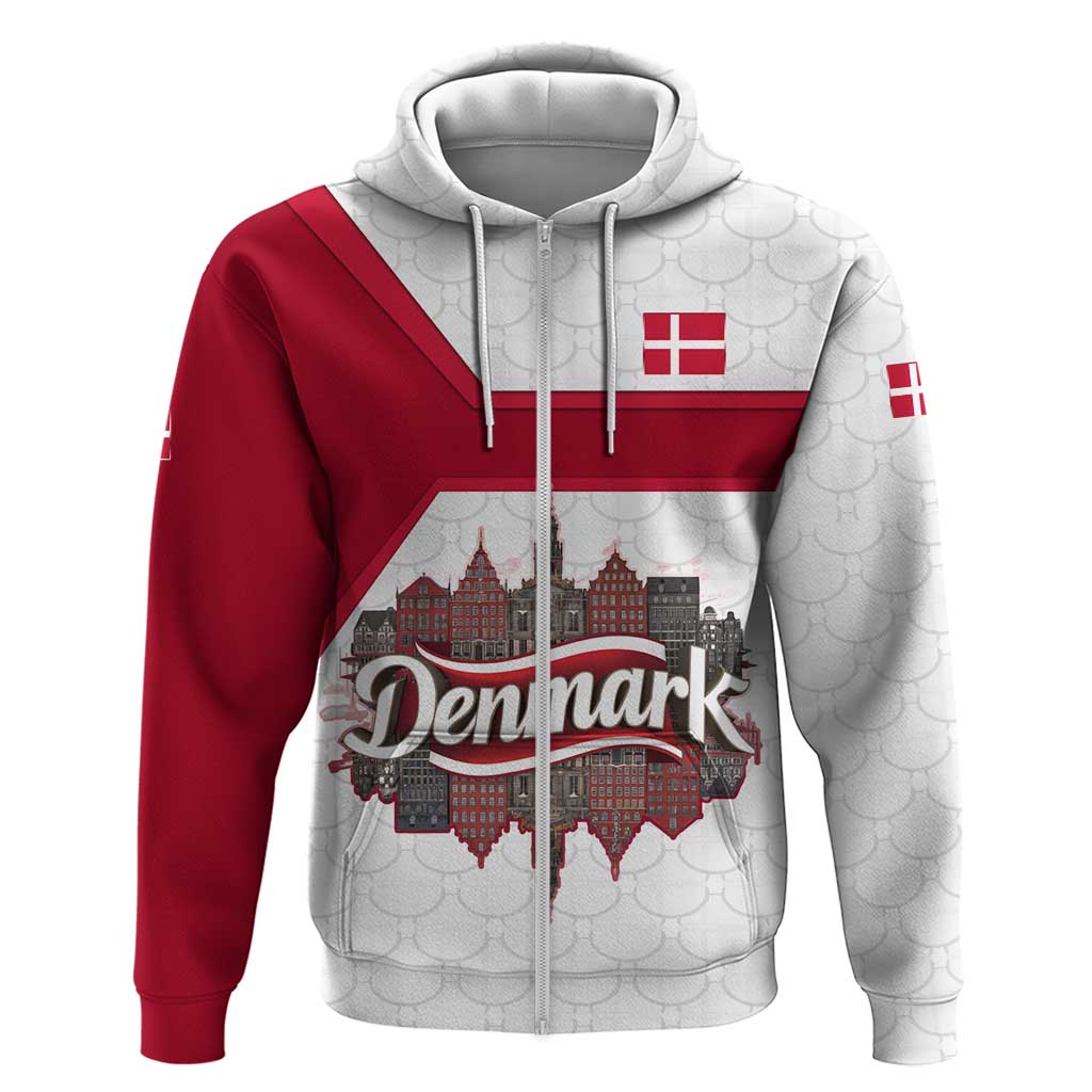Denmark Zip Hoodie with Cityscape Print and Royal Coat of Arms Design