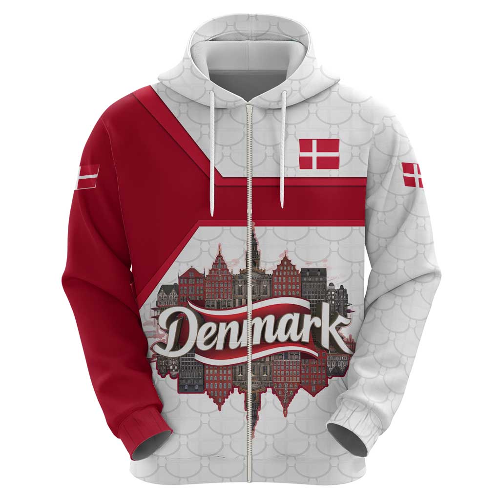 Denmark Zip Hoodie with Cityscape Print and Royal Coat of Arms Design