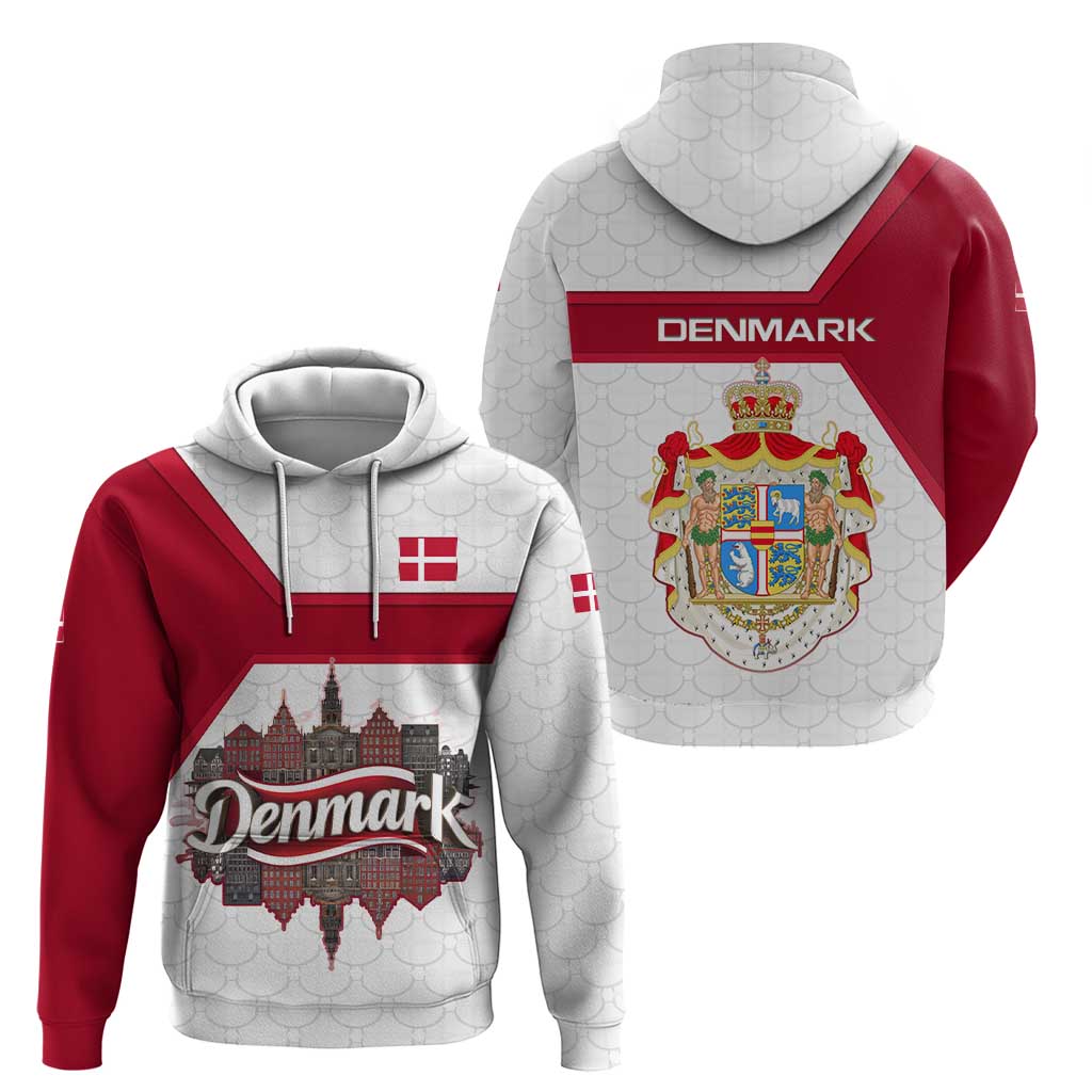 Denmark Zip Hoodie with Cityscape Print and Royal Coat of Arms Design