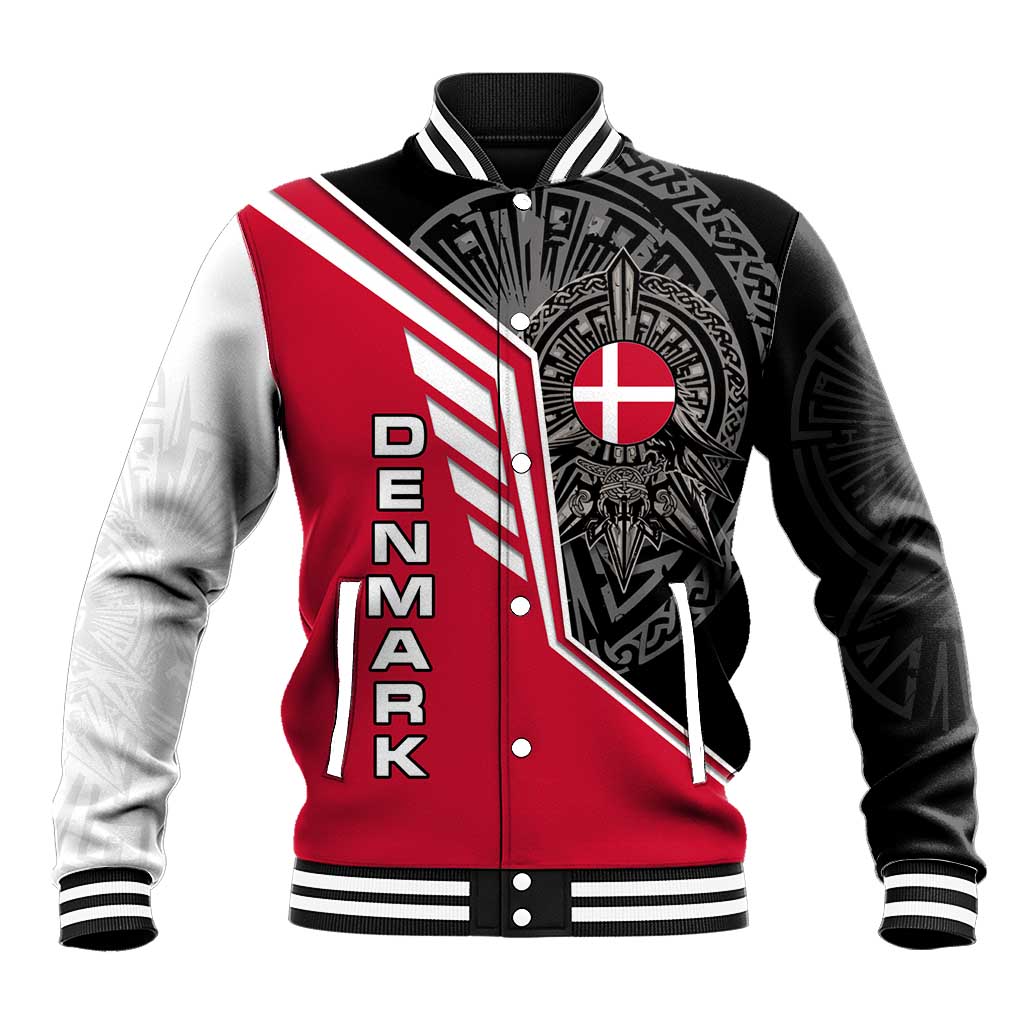 Denmark Flag Baseball Jacket with Viking Rune Pattern and Nordic Crest Design - Wonder Print Shop