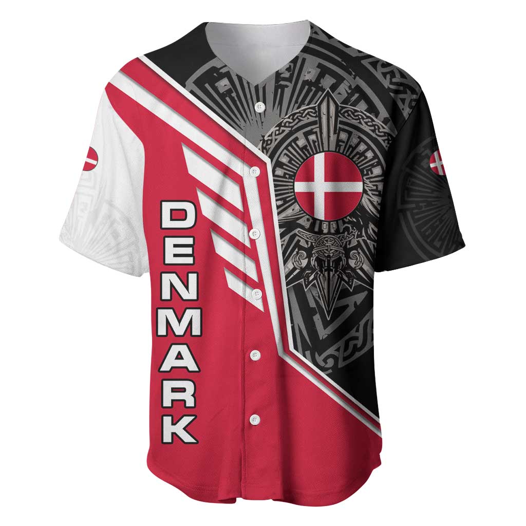 Denmark Flag Baseball Jersey with Viking Rune Pattern and Nordic Crest Design - Wonder Print Shop