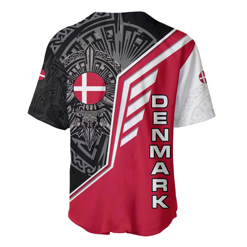 Denmark Flag Baseball Jersey with Viking Rune Pattern and Nordic Crest Design - Wonder Print Shop