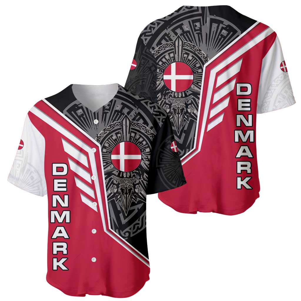 Denmark Flag Baseball Jersey with Viking Rune Pattern and Nordic Crest Design - Wonder Print Shop
