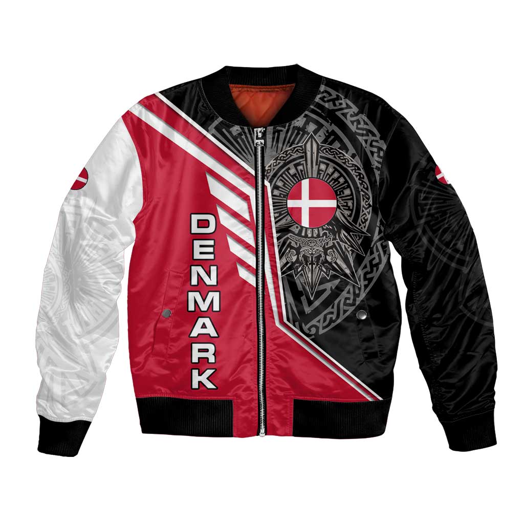 Denmark Flag Bomber Jacket with Viking Rune Pattern and Nordic Crest Design - Wonder Print Shop