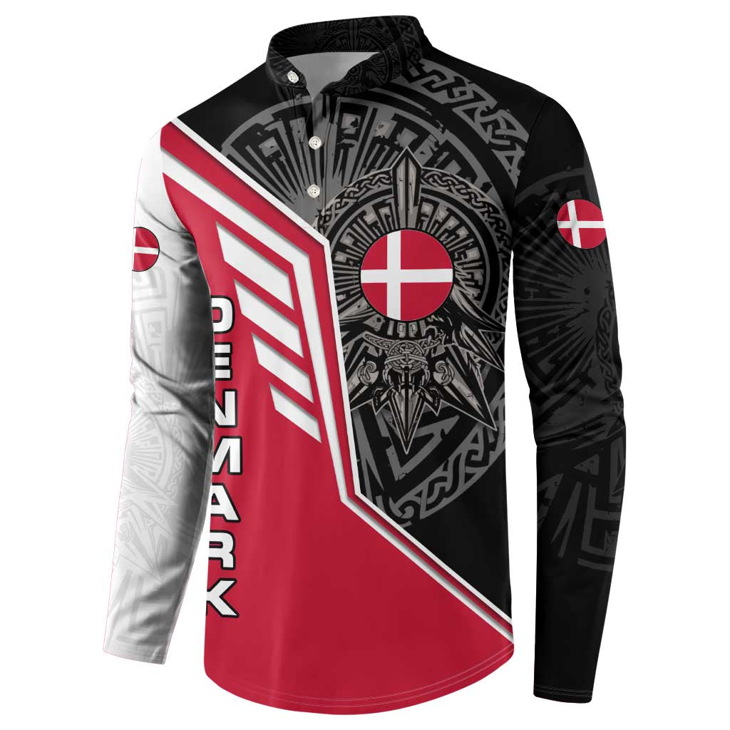 Denmark Flag Button Sweatshirt with Viking Rune Pattern and Nordic Crest Design - Wonder Print Shop