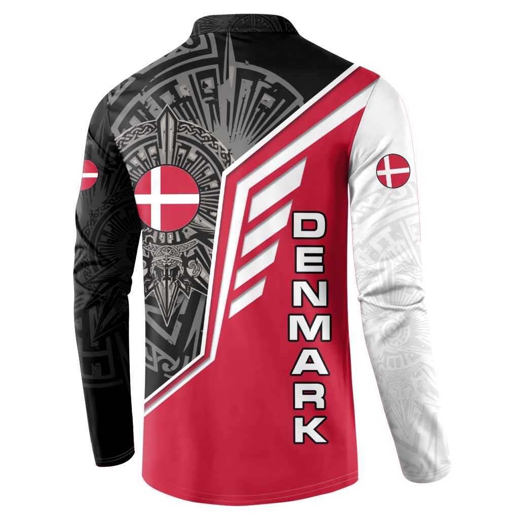 Denmark Flag Button Sweatshirt with Viking Rune Pattern and Nordic Crest Design - Wonder Print Shop