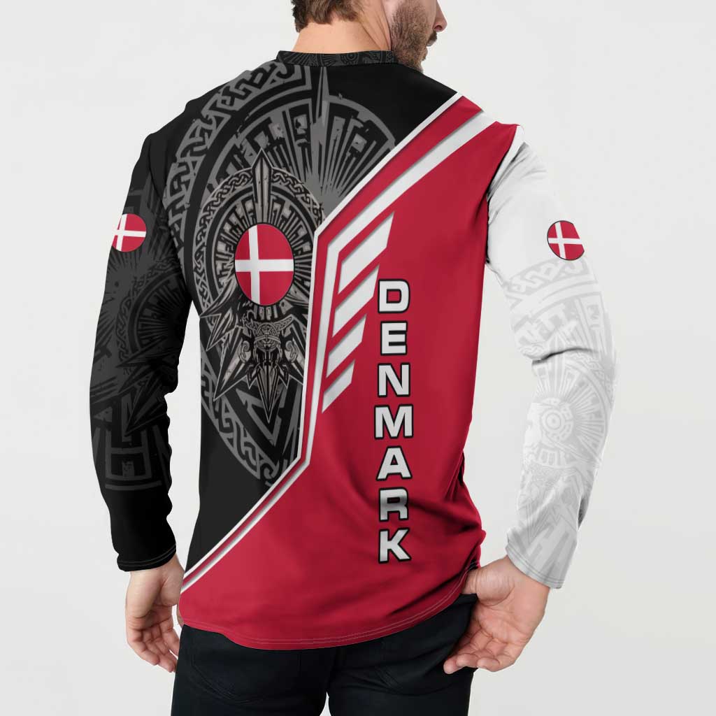 Denmark Flag Button Sweatshirt with Viking Rune Pattern and Nordic Crest Design - Wonder Print Shop