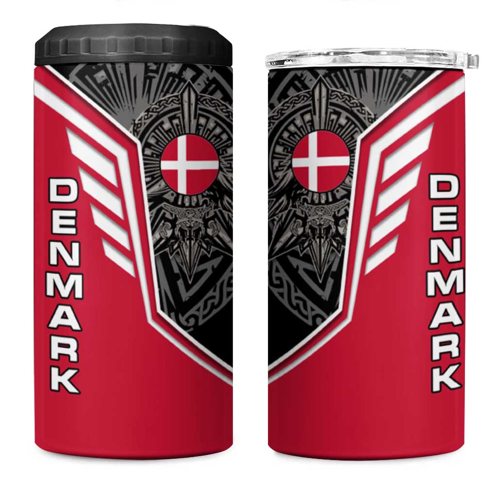 Denmark Flag 4 in 1 Can Cooler Tumbler with Viking Rune Pattern and Nordic Crest Design - Wonder Print Shop