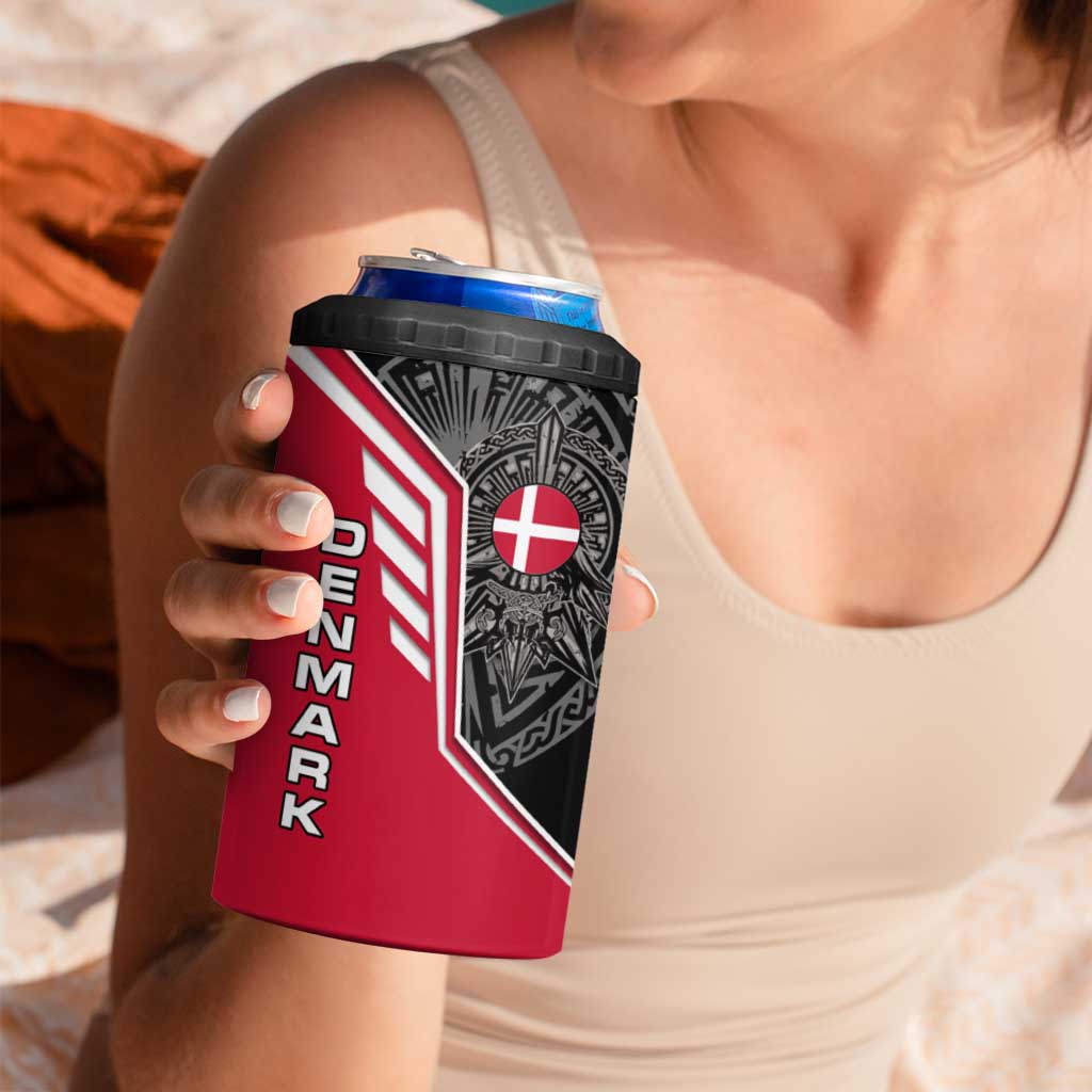 Denmark Flag 4 in 1 Can Cooler Tumbler with Viking Rune Pattern and Nordic Crest Design - Wonder Print Shop