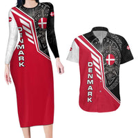 Denmark Flag Couples Matching Long Sleeve Bodycon Dress and Hawaiian Shirt with Viking Rune Pattern and Nordic Crest Design - Wonder Print Shop