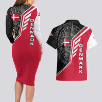 Denmark Flag Couples Matching Long Sleeve Bodycon Dress and Hawaiian Shirt with Viking Rune Pattern and Nordic Crest Design - Wonder Print Shop