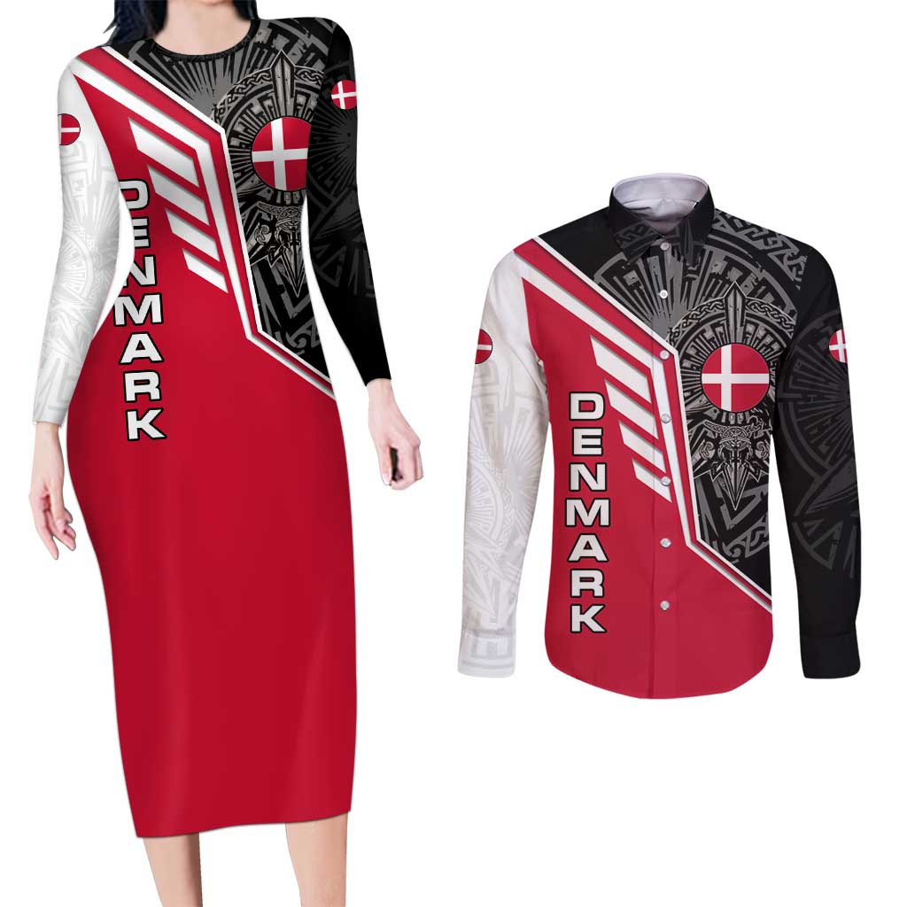 Denmark Flag Couples Matching Long Sleeve Bodycon Dress and Long Sleeve Button Shirt with Viking Rune Pattern and Nordic Crest Design - Wonder Print Shop