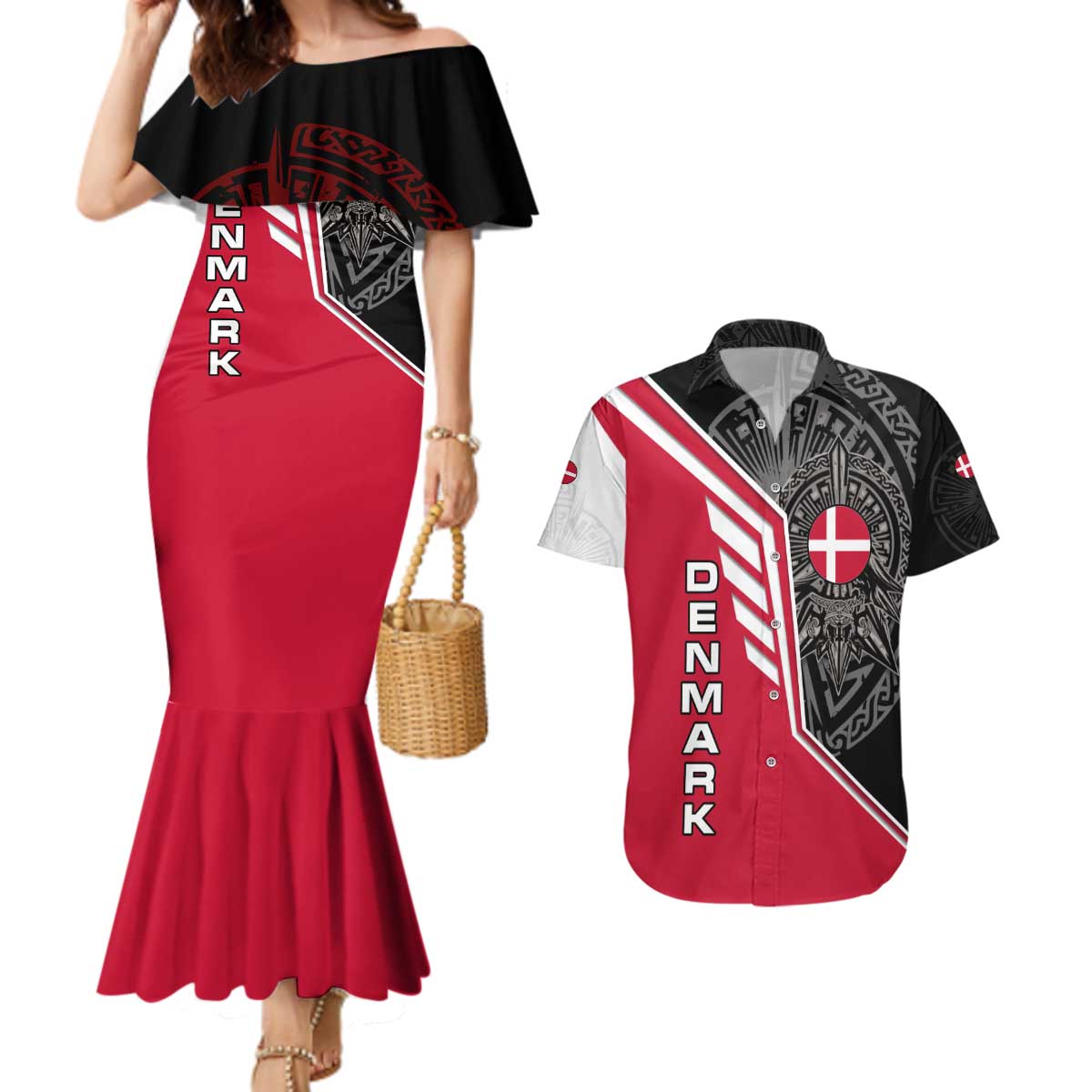 Denmark Flag Couples Matching Mermaid Dress and Hawaiian Shirt with Viking Rune Pattern and Nordic Crest Design - Wonder Print Shop