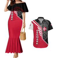 Denmark Flag Couples Matching Mermaid Dress and Hawaiian Shirt with Viking Rune Pattern and Nordic Crest Design - Wonder Print Shop