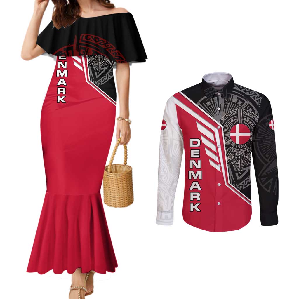 Denmark Flag Couples Matching Mermaid Dress and Long Sleeve Button Shirt with Viking Rune Pattern and Nordic Crest Design - Wonder Print Shop