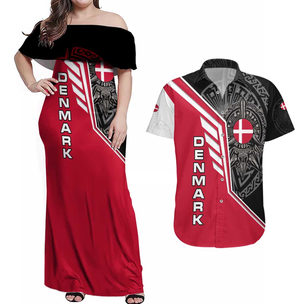Denmark Flag Couples Matching Off Shoulder Maxi Dress and Hawaiian Shirt with Viking Rune Pattern and Nordic Crest Design - Wonder Print Shop