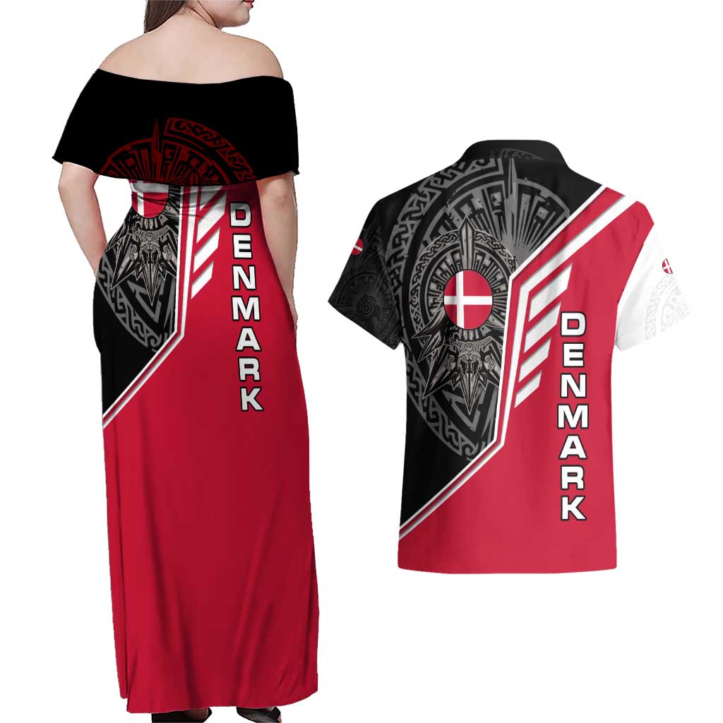 Denmark Flag Couples Matching Off Shoulder Maxi Dress and Hawaiian Shirt with Viking Rune Pattern and Nordic Crest Design - Wonder Print Shop