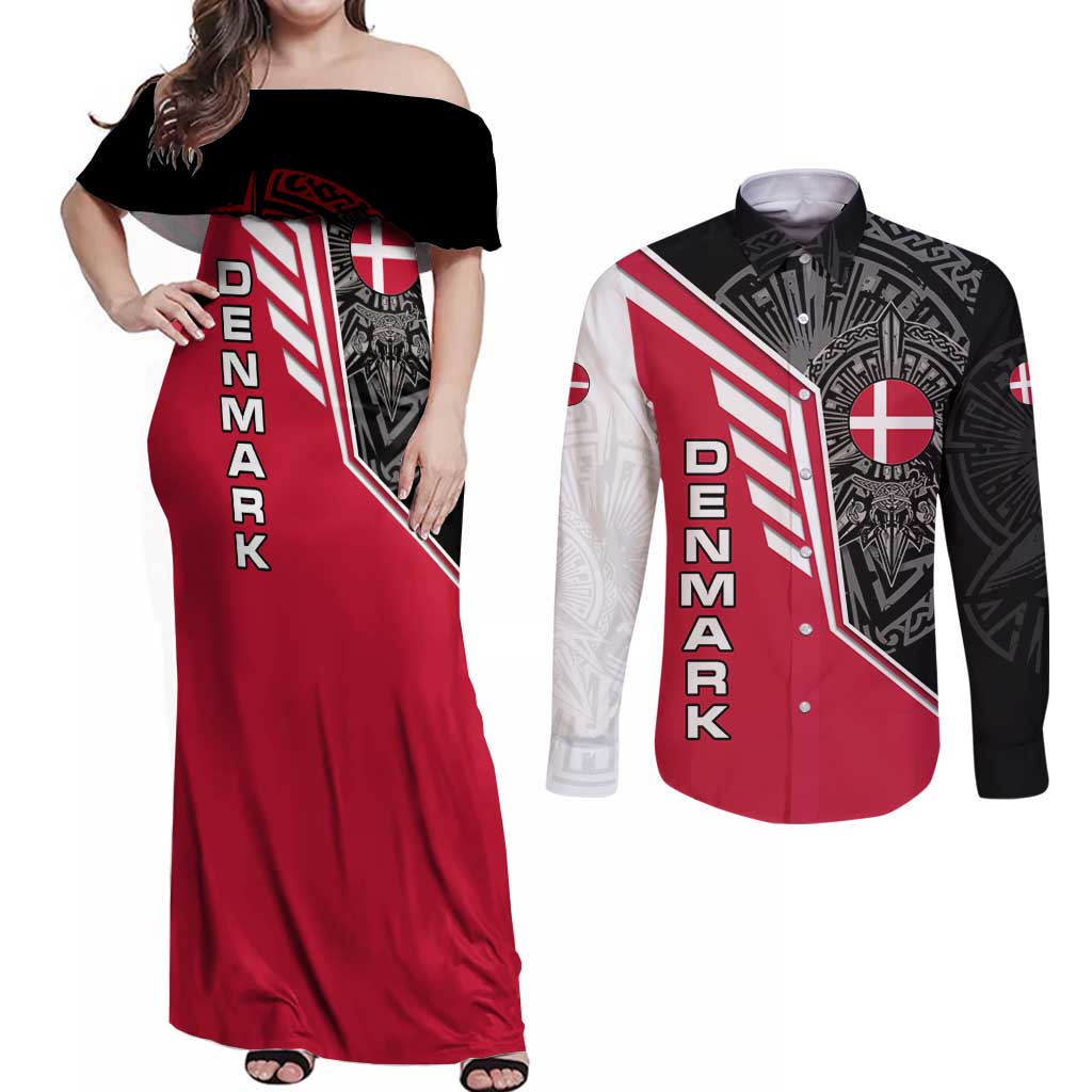 Denmark Flag Couples Matching Off Shoulder Maxi Dress and Long Sleeve Button Shirt with Viking Rune Pattern and Nordic Crest Design - Wonder Print Shop