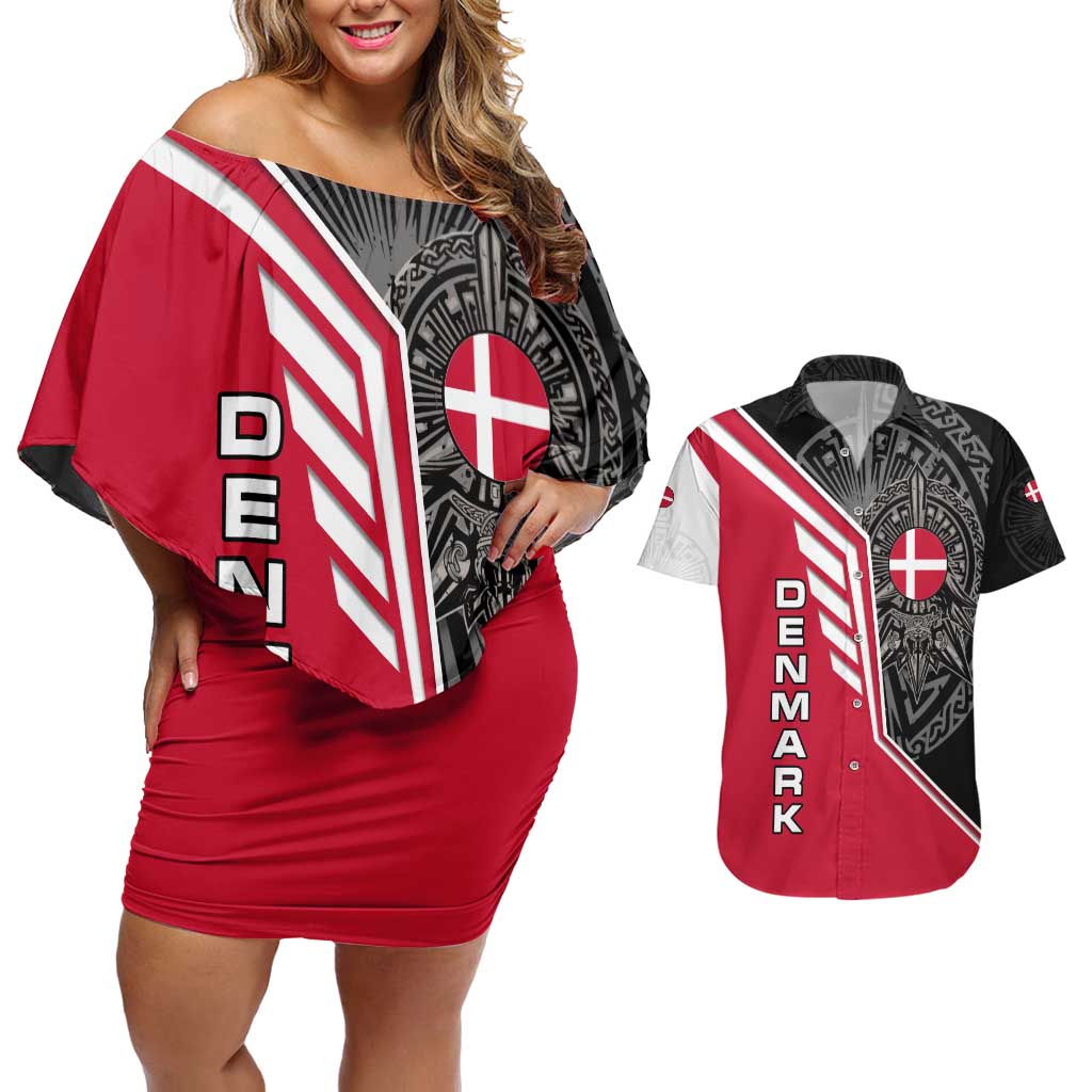 Denmark Flag Couples Matching Off Shoulder Short Dress and Hawaiian Shirt with Viking Rune Pattern and Nordic Crest Design - Wonder Print Shop