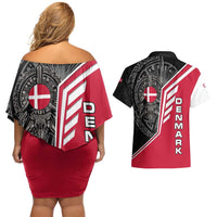 Denmark Flag Couples Matching Off Shoulder Short Dress and Hawaiian Shirt with Viking Rune Pattern and Nordic Crest Design - Wonder Print Shop